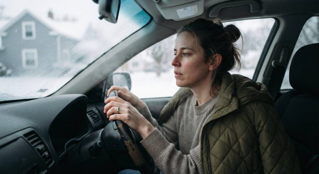 Tired mom sitting alone in a parked car in a snowy driveway, taking a quiet moment of breath before facing the winter chaos inside.