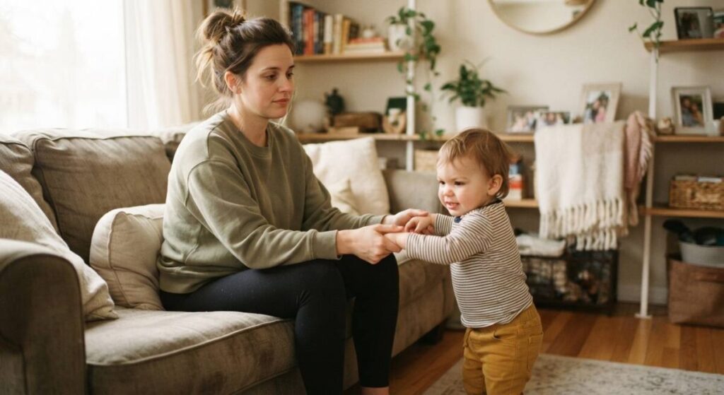 A mother gently setting boundaries, representing the feeling of touched-out parenting during a chaotic day.