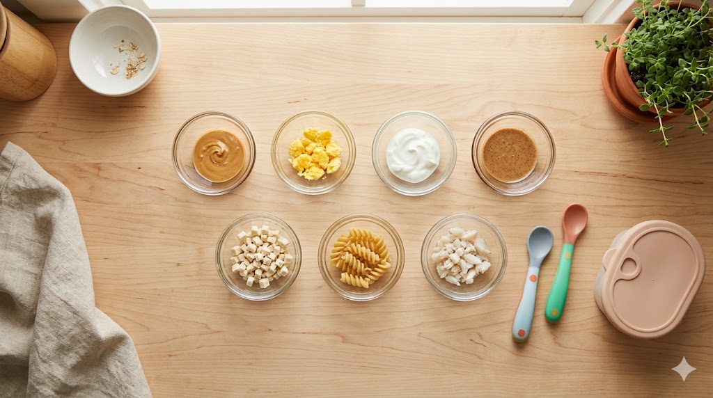 An organized layout of ingredients for introducing allergens to baby, showcasing baby-safe portions of common food allergens like peanuts, eggs, dairy, and fish