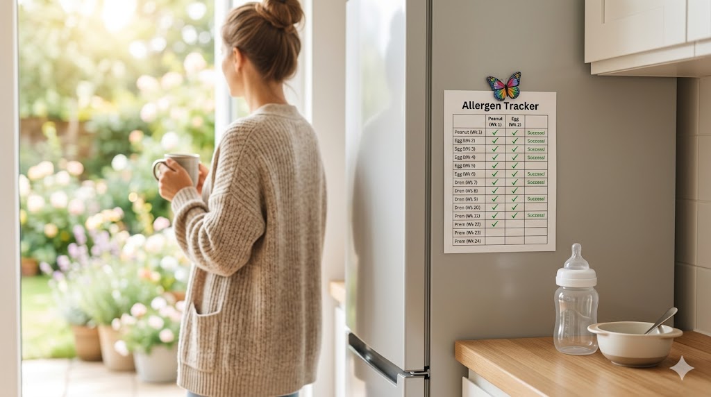 A safety-first home setup for introducing allergens to baby, featuring an allergen tracking chart on a refrigerator to ensure a stress-free feeding routine