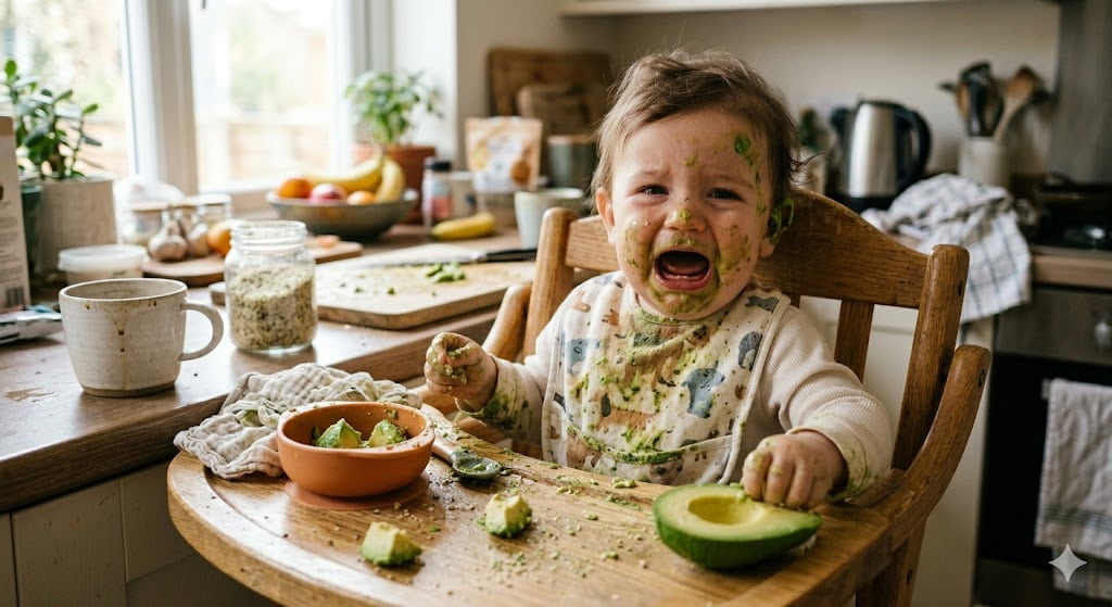 A close-up of a green unripened avocado next to a brown paper bag and a banana on a messy kitchen counter