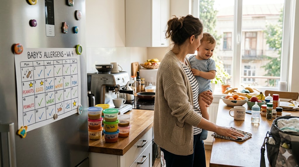 Consistently introducing allergens to baby through a regular feeding routine, visualized by a family allergy calendar and stacked baby food containers in a busy, warm home kitchen.