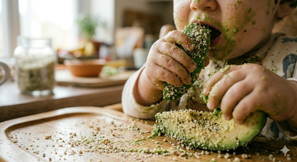 Close-up of a baby's hands holding textured avocado wedges coated in hemp seeds and crushed cereal for grip.