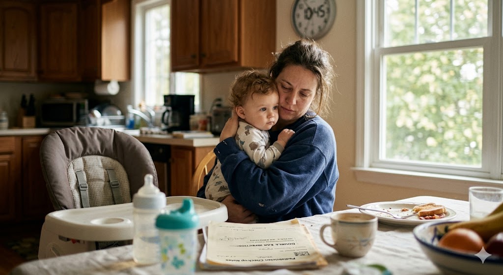 A tired mother holding her 7-month-old baby near a high chair, illustrating when to worry and troubleshooting why a baby suddenly rejecting spoon feeding.