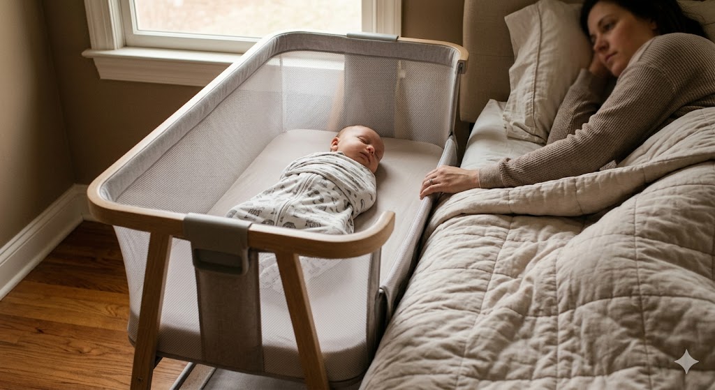 Safe room-sharing setup showing a baby sleeping in a bedside bassinet next to an adult bed without bed-sharing