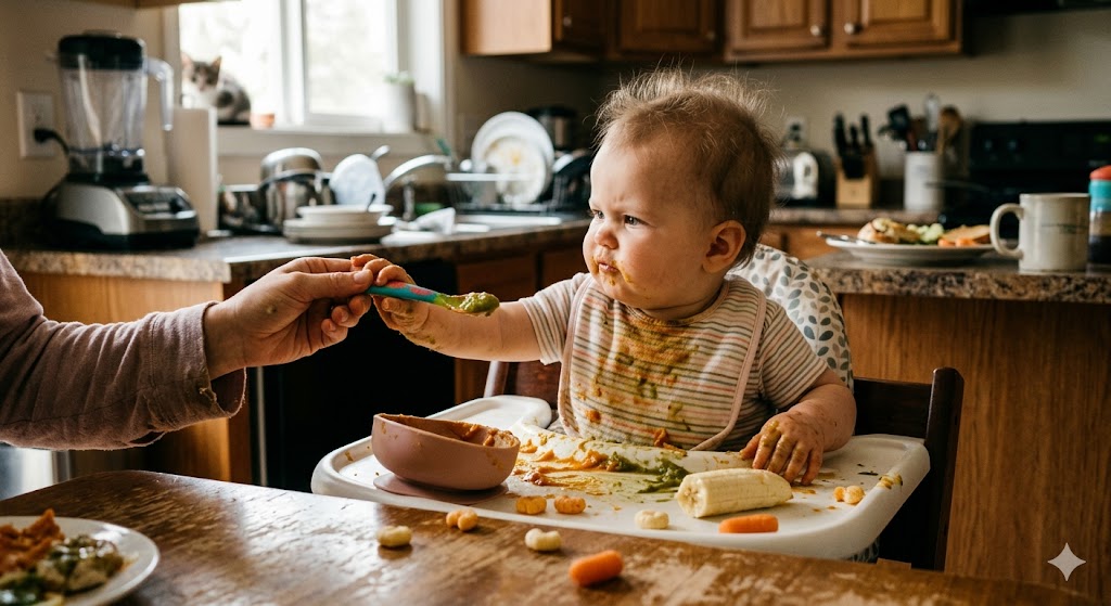 7-month-old baby transitioning to solids troubleshooting developmental leap showing independence at dinner time