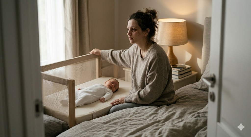 Exhausted new mother in survival mode balancing work on her phone and watching her baby sleep safely
