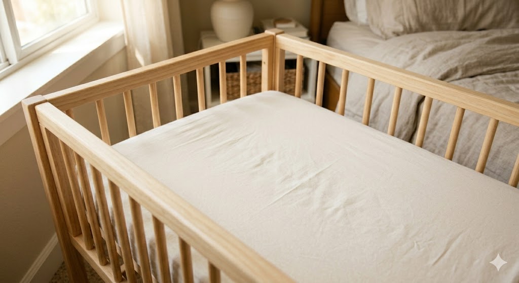 A firm crib mattress with a tightly fitted sheet showing a safe infant sleep environment without pillows or blankets
