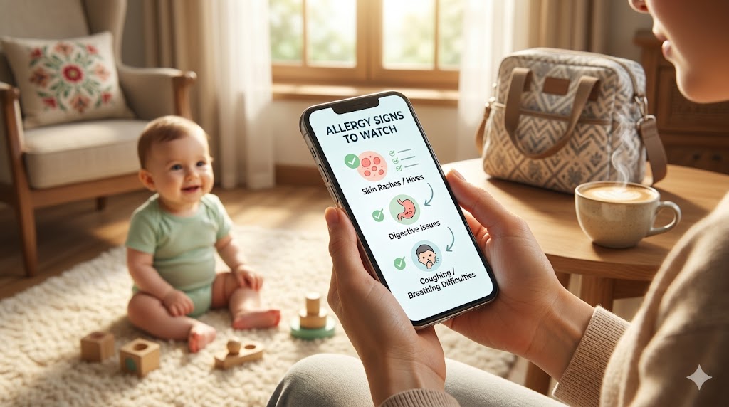 A mother learning about the signs of food allergy in infants by viewing an educational infographic on her smartphone at home.