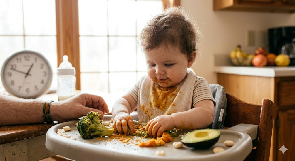 7-month-old baby suddenly rejecting spoon feeding due to poor timing in a messy family kitchen, illustrating high calorie baby foods for sleep and routines.