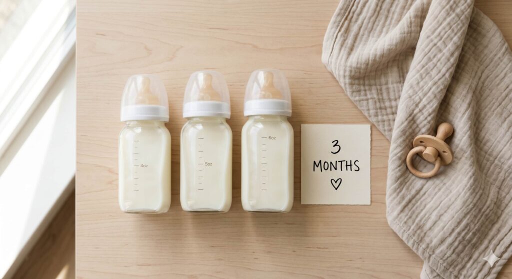 A mother feeding milk to an infant as part of a healthy 3 month old feeding routine