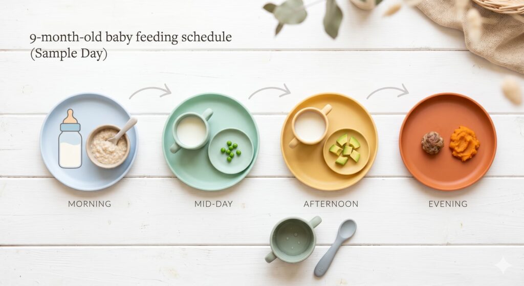 9-month-old baby feeding schedule: Visual timeline of milk and solid meals throughout the day.