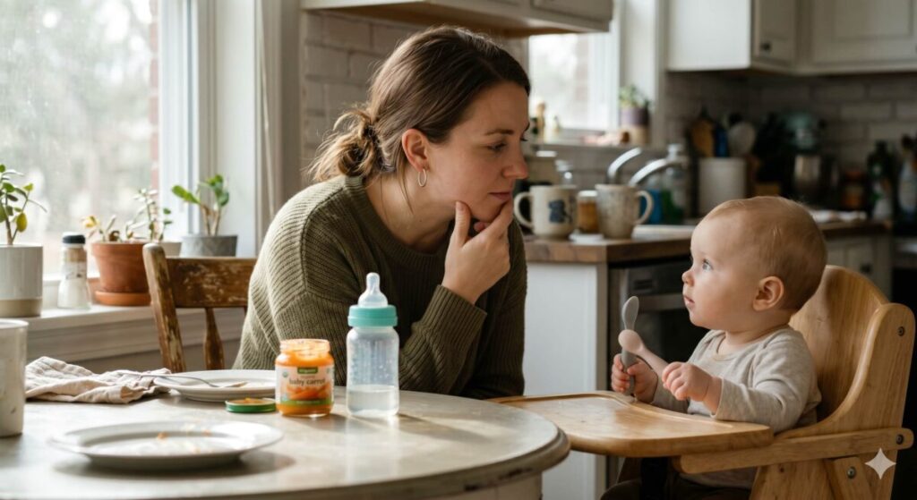 A mother looking thoughtfully at her baby in a high chair, considering when can my baby start eating baby food, debating between 4 months and 6 months.