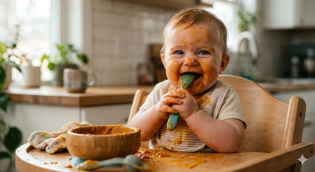 A messy baby girl covered in sweet potato puree holding a spoon, representing first baby foods