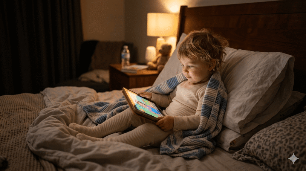 Toddler experiencing blue light war and screen time guilt before bed