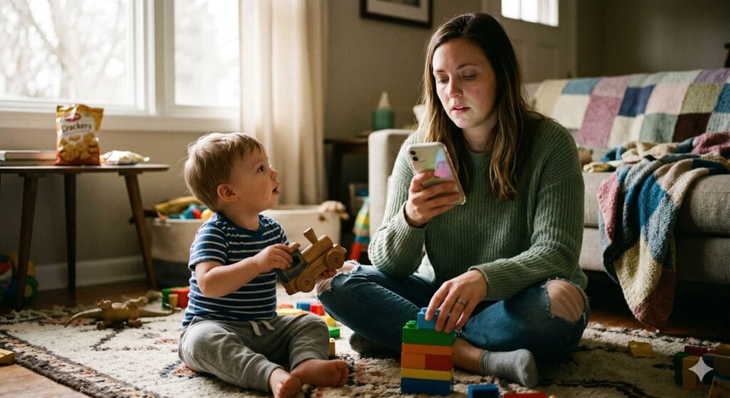 distracted mother scrolling on phone near lonely toddler