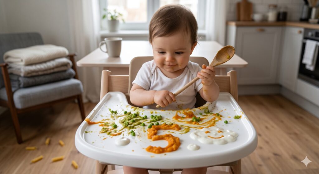 A close-up of a baby's active brain development and nerve connections during hands-on exploration of diverse sensory play ideas for babies, featuring pasta, stones, and felt balls.