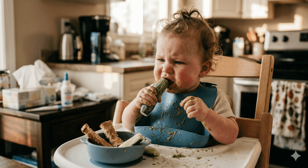 7-month-old baby in a messy high chair with rosy teething cheeks and a messy bib, using a frozen cucumber spear as a teething remedy during mealtime, illustrating food refusal in infants.
