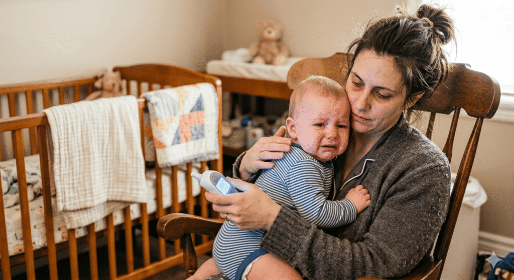Exhausted mother checking baby's temperature with a digital thermometer in a dark nursery at night, highlighting the common challenge of teething symptoms vs cold signs.