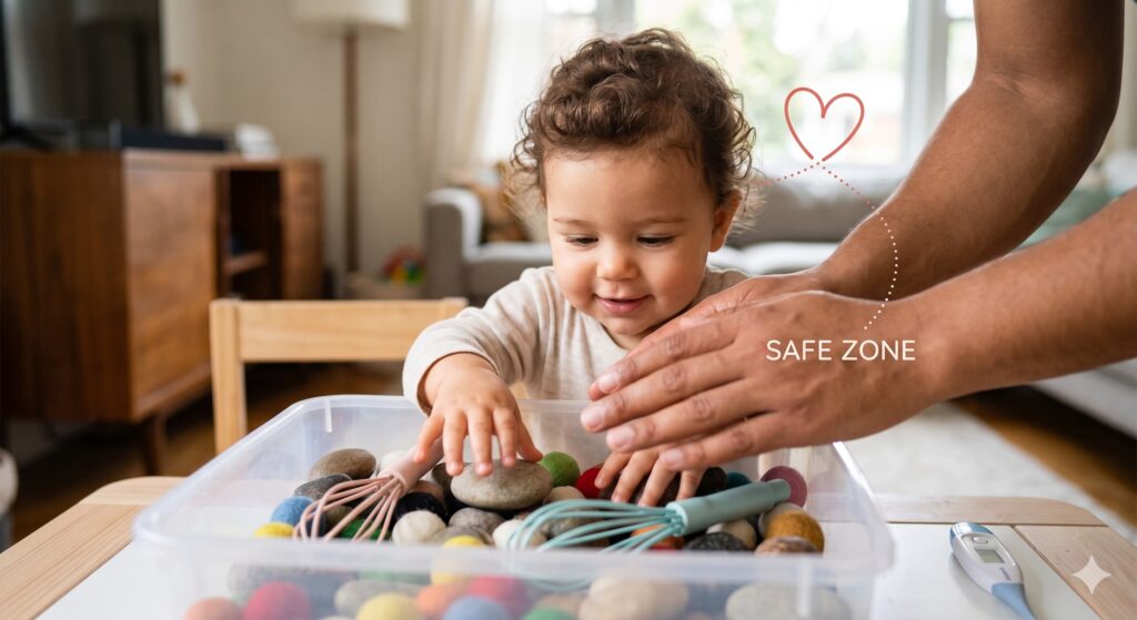 A close-up of a baby's active brain development and nerve connections during hands-on exploration of diverse sensory play ideas for babies, featuring pasta, stones, and felt balls.