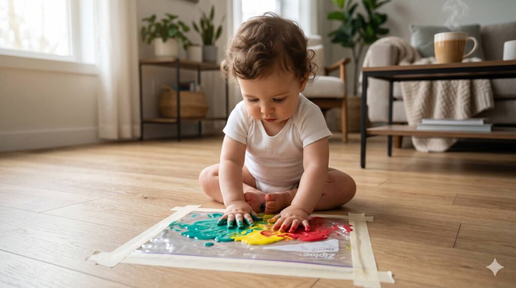 A baby exploring simple sensory play ideas for babies using household kitchen items like a colander and wooden spoon.