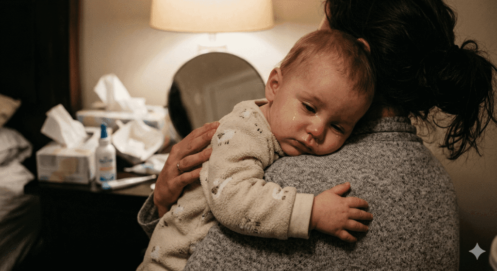 Mother comforting a baby with a runny nose and slight fever, showing clear cold symptoms in an infant that distinguish it from teething.