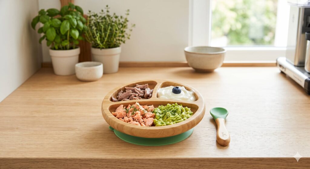 Visualizing essential nutrients for an 8-month-old, including iron-rich and Omega-3 foods