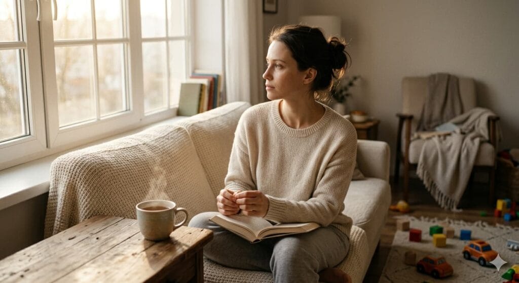 A young mother taking a mental break on a sofa with a book and tea, illustrating a real self-care check and the importance of stepping away from the mental load of motherhood.