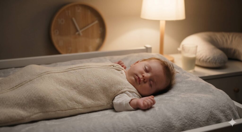 A 2-month-old baby sleeping soundly in a sleep sack with a blurred wall clock and a milk bottle in the background, illustrating the connection between sleep and a 2 month old feeding routine