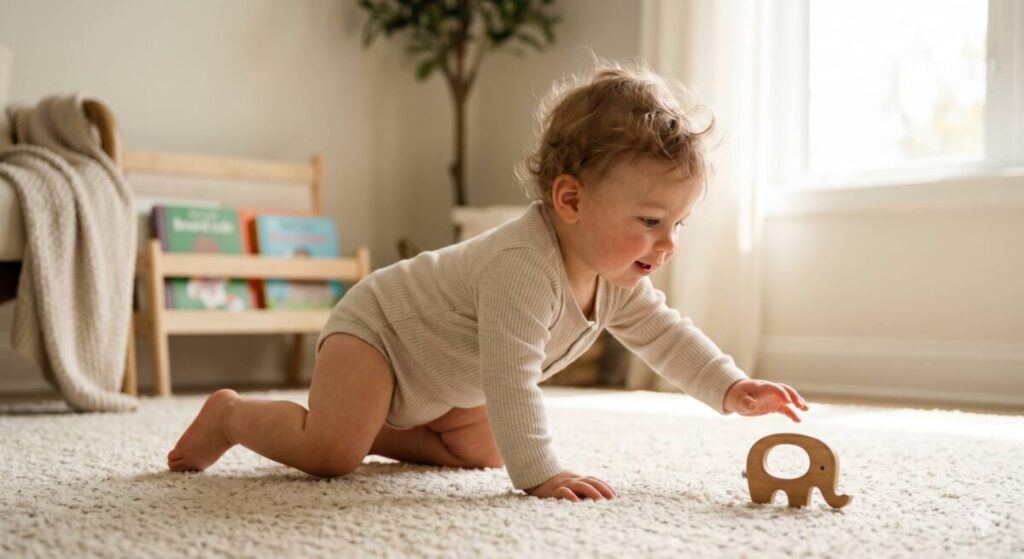 An active 9-month-old baby girl crawling in a sunlit living room, reaching a key milestone in her baby development milestones journey.