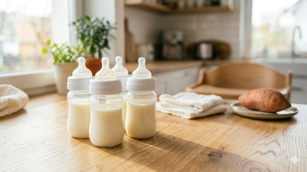 Freshly prepared baby bottles as part of a nutritious milk only 4 month old feeding routine