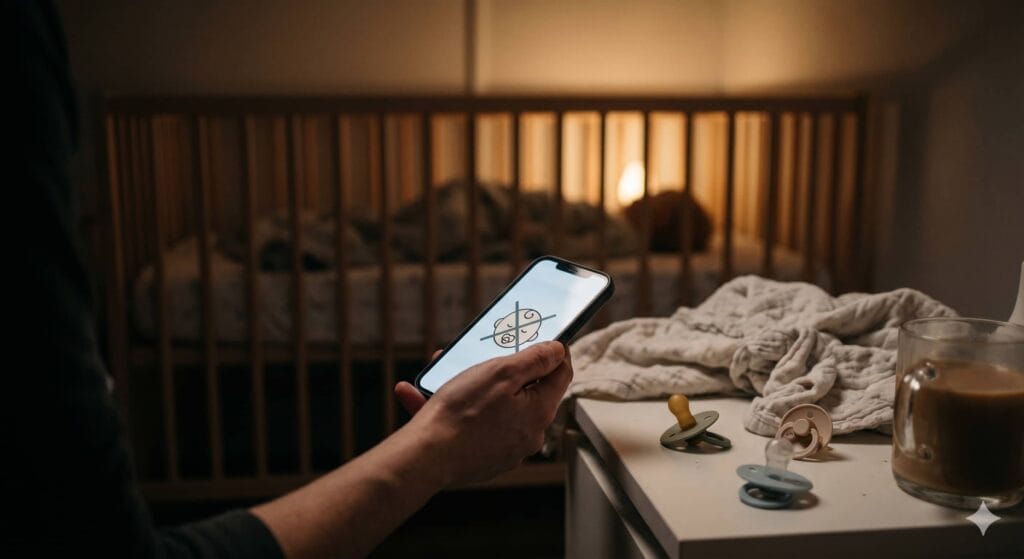Close-up of a parent's weary hand near a nightstand holding a smartphone with an 'X' symbol, illustrating typical parent mistakes like using a bottle or an iPad to soothe a baby during the 18-month sleep regression.