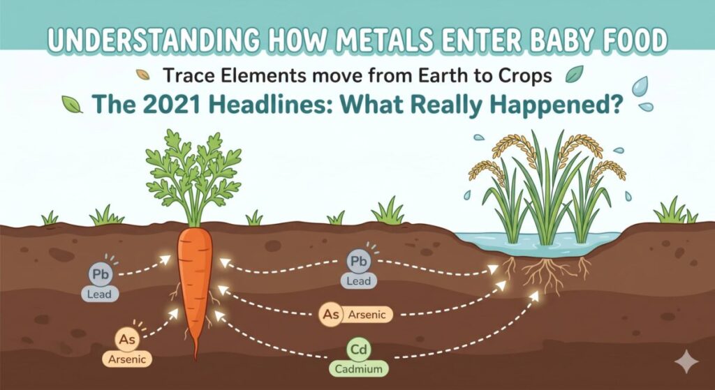 Infographic showing how heavy metals from soil and water are absorbed by crops like rice and carrots, explaining why is Beech-Nut baby food safe concerns exist.