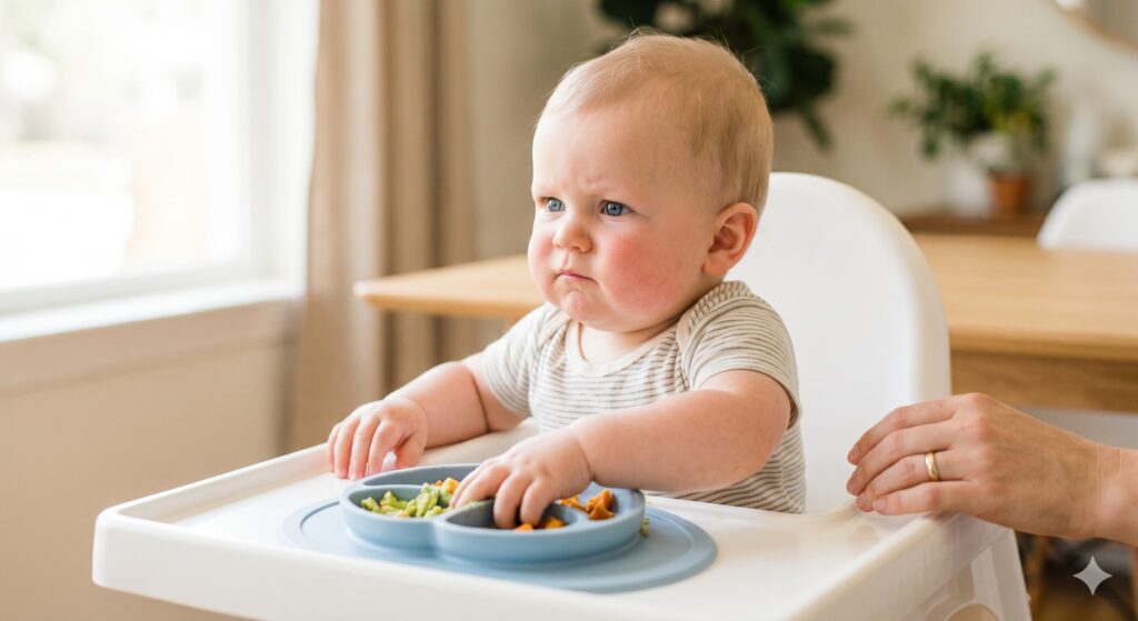 9-month-old baby refusing food in a high chair, showing typical picky eating behavior.