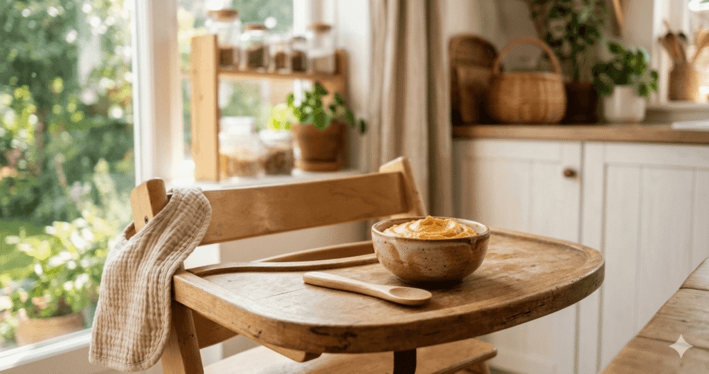 Healthy homemade baby food on a high chair tray for better baby sleep and nutrition.