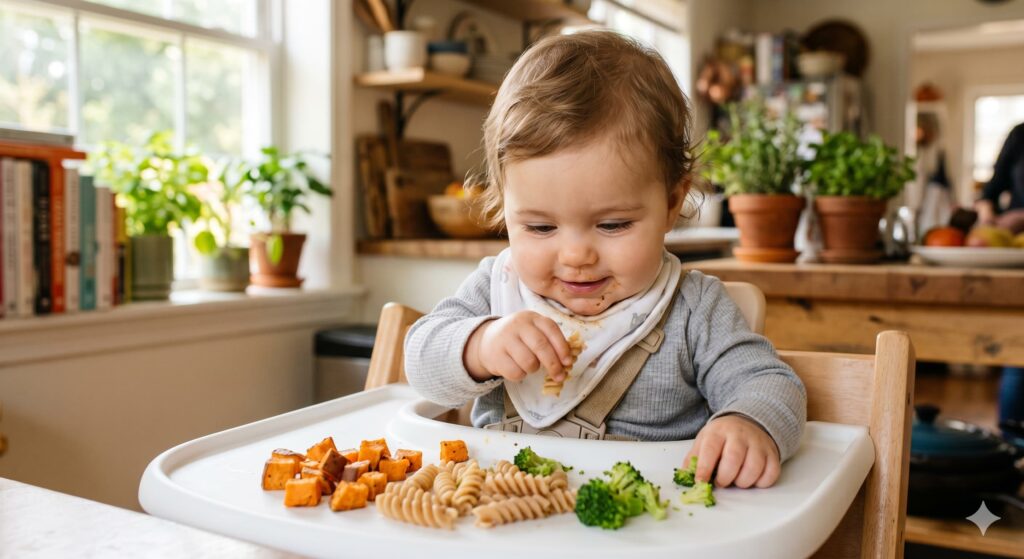 Visualizing the 8-month baby transition from purees to finger foods on a high chair tray
