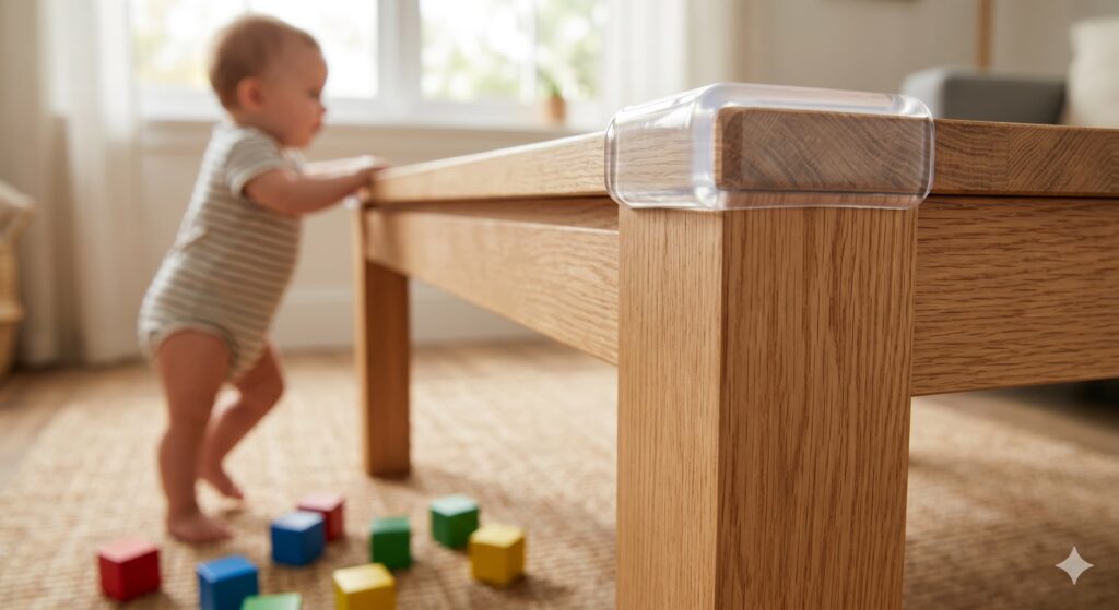 A close-up of a soft silicone corner guard on a coffee table to ensure baby safety during cruising, with a baby practicing cruising in the background.