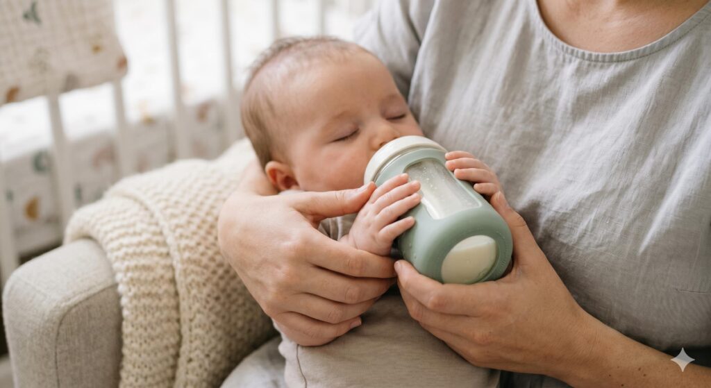 A mother feeding milk to an infant as part of a healthy 3 month old feeding routine