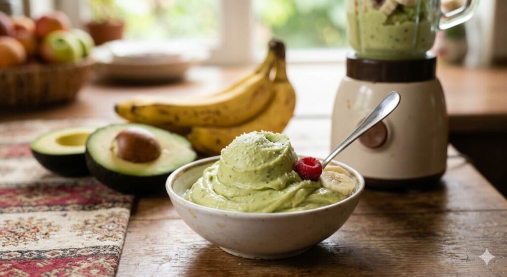 A beautiful close-up photograph of a small bowl filled with creamy, light green Avocado & Banana "Nice Cream," subtly dusted with coconut and garnished with a raspberry, next to split avocados and ripe bananas, mirroring the soft window light of the kitchen