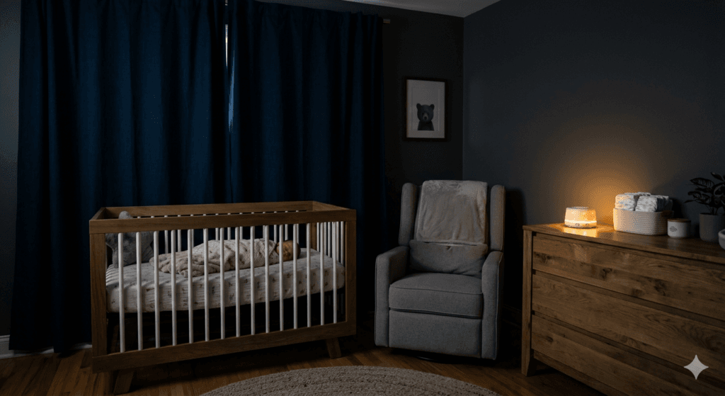 Dark nursery with blackout curtains to help spot baby sleep cues without distractions