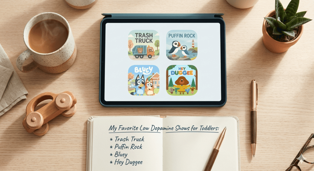 An organized and calm list of the best low dopamine shows for toddlers, curated for parent sanity on a desk with a notebook and iPad.