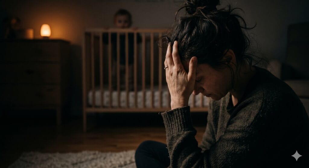 Close-up of an exhausted mother resting her head on her hand on a nursery floor during the 18-month sleep regression.