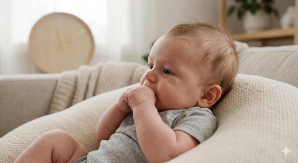 A 2-month-old baby boy showing hunger cues like sucking on hands, illustrating the concept of feeding on demand versus a strict schedule in a 2 month old feeding routine