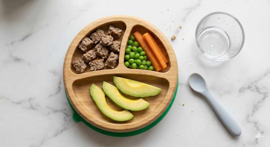 9-month-old baby meal plan: Iron-rich meatballs, steamed vegetables, and healthy fats on a bamboo plate