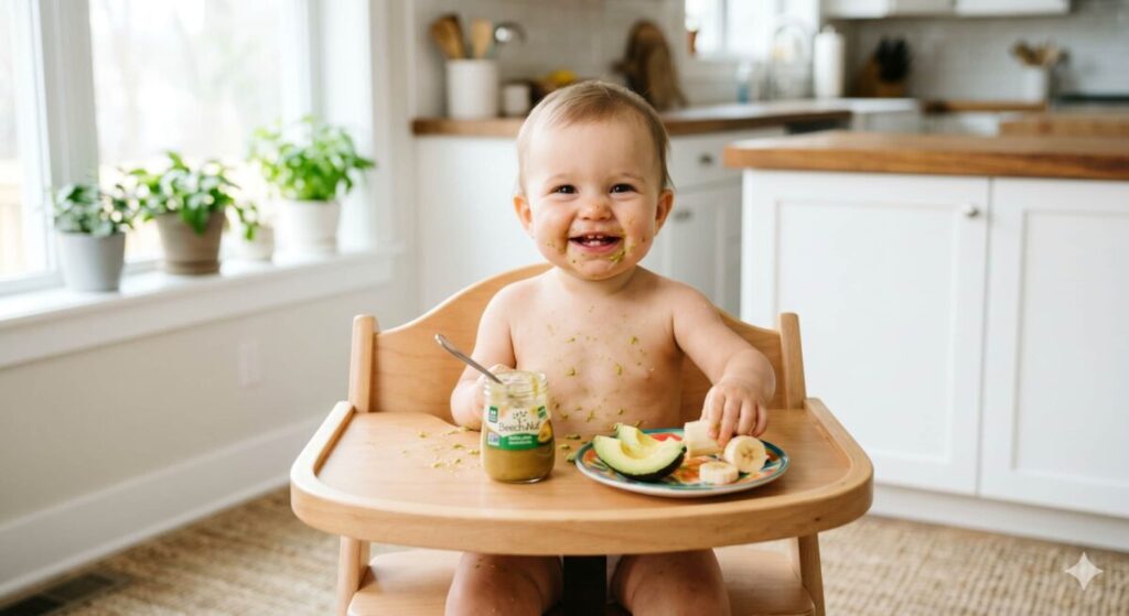 A happy baby eating a variety of healthy foods including Beech-Nut baby food, showing that is Beech-Nut baby food safe when part of a balanced diet.