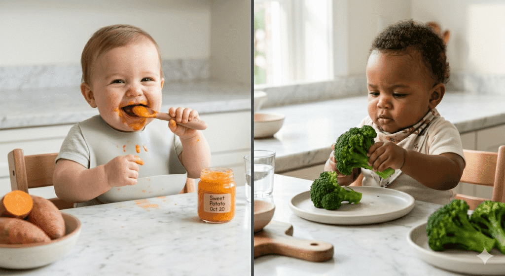 A visual comparison of BLW vs purees for starting solids