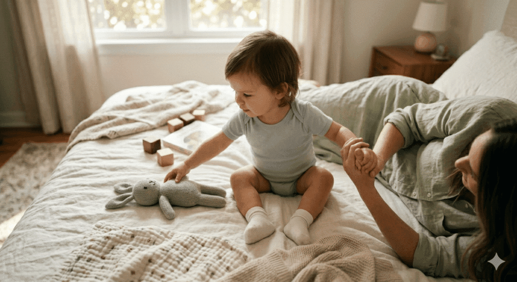 Toddler boy demonstrating the psychology of 'no' conflict between autonomy and connection, pulling towards a toy but holding mother's hand, helpful content for understanding child development.