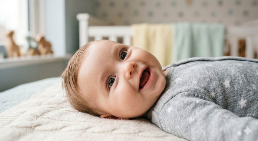 A 2-month-old baby showing the first social smile and eye contact, representing the developmental milestones and the lifting of the newborn fog