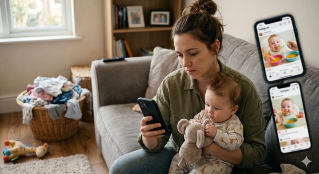 A tired mother looking at social media on her phone while holding a baby, feeling the pressure to start solids at 4 months.