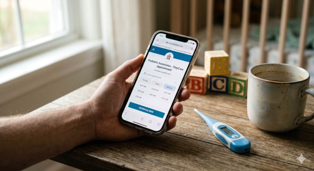 A high-quality lifestyle photograph showing a pediatrician's contact page on a smartphone, helping parents identify when to call a professional for toddler sleep issues, illustrating the process of seeking help during the 18-month sleep regression.